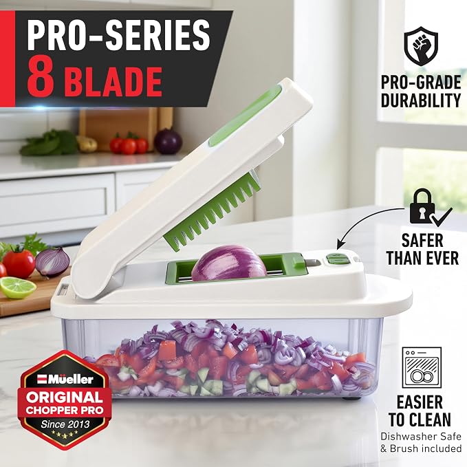MUELLER HOME Pro-Series 10-in-1 Vegetable Chopper, 8 Blade Onion Mincer | Cutter, Dicer, Fruit Slicer with Container, French Fry Cutter Potato Slicer, Home Essentials, Salad Chopper White Sand/Green - Image 2