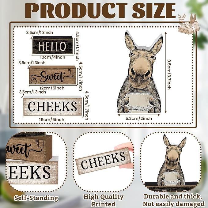 Moucuny 4 Pcs Donkey Bathroom Decor Set Farmhouse Bathroom Decor and Accessories Rustic Hello Sweet Cheeks Wooden Blocks Signs Funny Donkey Toilet Shelf Decoration for Home Office Half Bath - Image 3