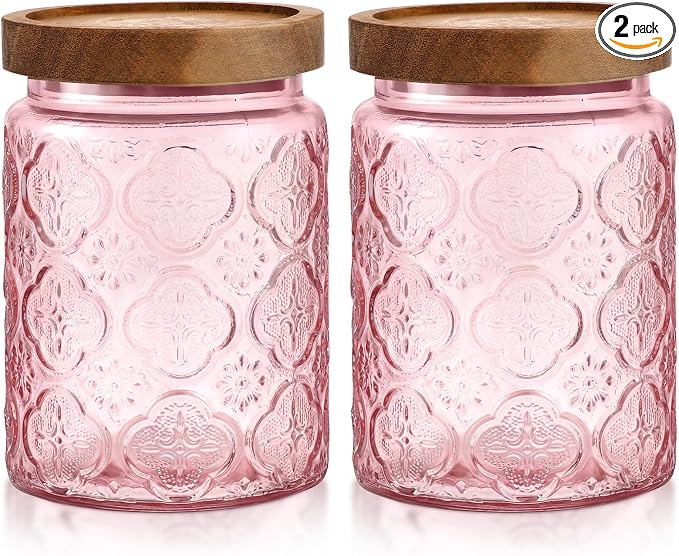 LemonRoad 2 Pcs Vintage Pink Glass Storage Jars 23.7 oz Mason Jar Canister with Wood Lids Food Storage Container for Cookie, Pantry, Candy Kitchen, Coffee, Tea, Flour, Sugar, Decorative Home Decor by Unknown