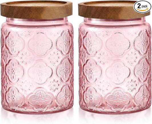 LemonRoad 2 Pcs Vintage Pink Glass Storage Jars 23.7 oz Mason Jar Canister with Wood Lids Food Storage Container for Cookie, Pantry, Candy Kitchen, Coffee, Tea, Flour, Sugar, Decorative Home Decor by Unknown