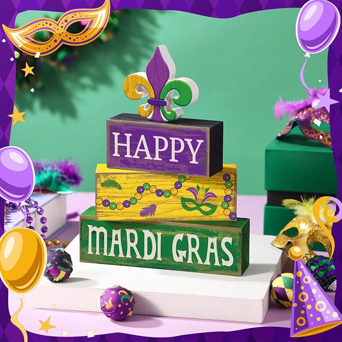 Moucuny 4 Pcs Mardi Gras Decorations Mardi Gras Wooden Sign Carnival Table Centerpiece Carnival Tiered Tray Decor Decorative Faux Book Stack Block for Masquerade Party Fireplace Mantel Shelf - Image 6