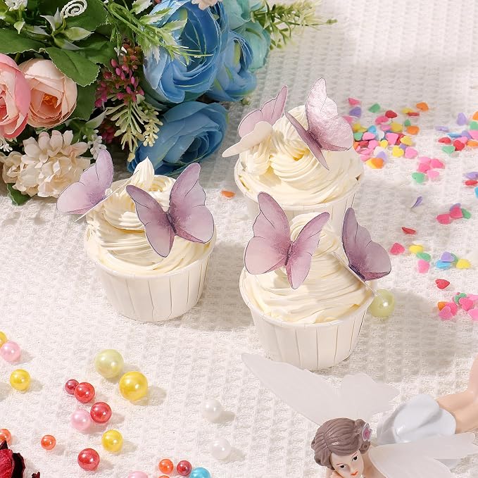 48Pcs Edible Butterflies Cake Topper Edible Butterfly Cupcake Toppers Wafer Paper Butterflies Edible Butterfly Cake Decorations for Wedding Birthday Party Cupcakes Decorating (Purple) - Image 4