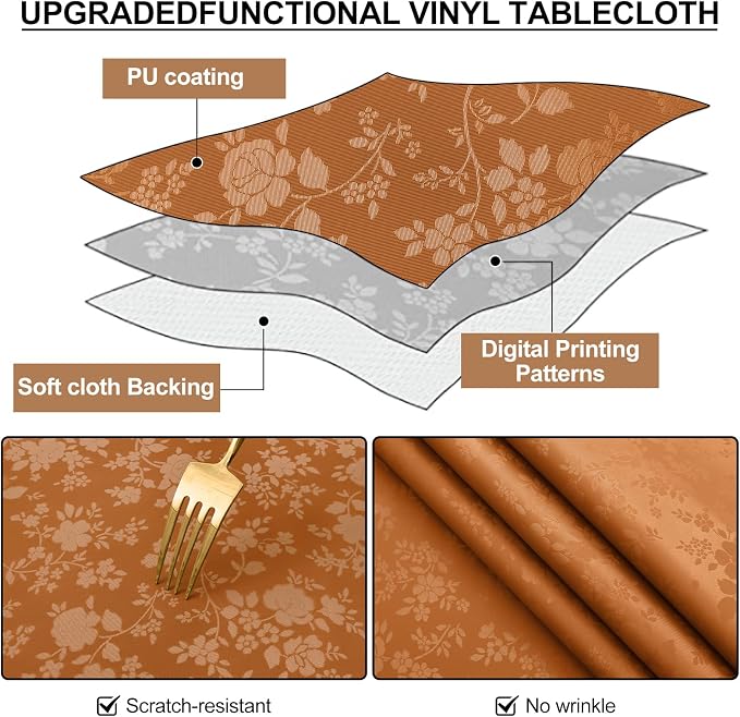 Smiry Square Waterproof Heavy Duty Vinyl Tablecloths, 54 x 54 Inch | Wipeable Washable Floral Embossed Table Cover for Kitchen and Dining Room, Indoor & Outdoor Use, Bronze - Image 6