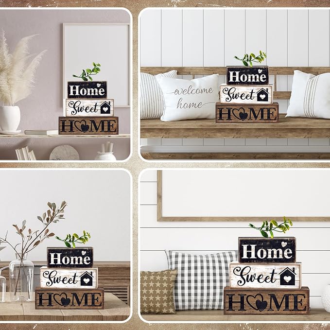 Moucuny 4 Pcs Farmhouse Wooden Tabletop Decor Farmhouse Tiered Tray Decor Rustic Eucalyptus Leaves Wood Block Sign Gift Sweet Home Centerpiece Home Table Decortion - Image 5