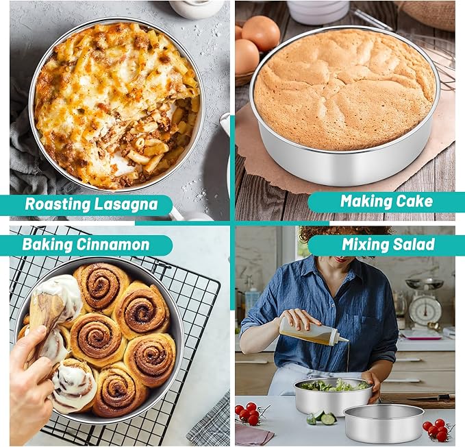 TeamFar Cake Pan, Stainless Steel Round Baking Pans Set for Layer Cake Pie | 6'' & 8'' & 9½'', Smash Cake Pan Tins 3”H, Baking Steaming Serving at Wedding Camping Bakery, Oven & Dishwasher Safe - 3 PCS - Image 6