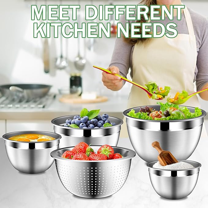 Stainles Steel Mixing Bowls with Lids Set, Stackable Metal Mixing Bowl with Strainer, 5-Piece - Beige
