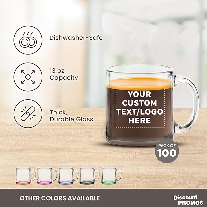 Custom Libbey Clear Glass Coffee Mugs 13 oz. Set of 100, Personalized Bulk Pack - Perfect for Coffee, Tea, Espresso, Hot Cocoa, Other Beverages - Clear Bottom