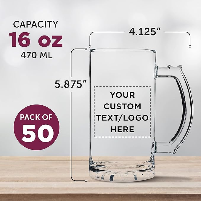 DISCOUNT PROMOS Custom Glass Beer Mug 16 oz. Set of 50, Personalized Bulk Pack - Great for Wedding Favors, Groomsmen Gifts, Birthday Gifts - Clear Bottom Color