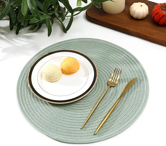 SHACOS Round Placemats Set of 8 Washable 15 inch Round Table Mats Cotton Polyester Woven Braided Place Mats for Dining Table Wedding Party Decor, Sage Green - Image 7