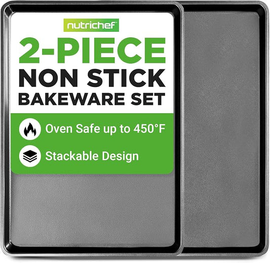 NutriChef 2-Piece XL Mega Cookie Sheet Baking Pans Set - 22" x 16" Extra Large Nonstick Carbon Steel Oven Baking Tray Pans, Stackable Bakeware, Black - NCLGBP16 by NutriChef%E2%84%A2Kitchen