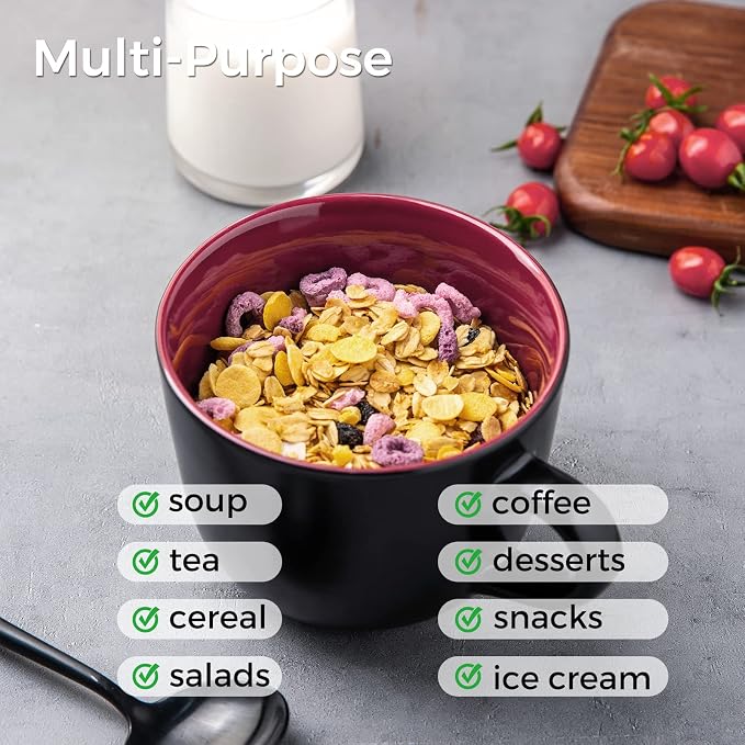 AmorArc 24 oz Soup Mugs with Handles, Jumbo Ceramic Bowls Mugs Set with handles for Coffee Cereal Cappuccino Snacks, Microwave&Dishwasher safe Soup Cups for Meal-Burgundy - Image 4