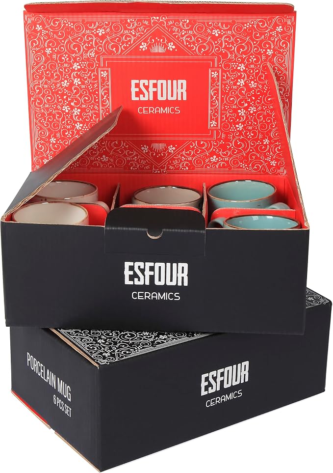 Esfour Ceramic Coffee Mugs Set Of 6, 14 Oz Large Handle Heavy Duty Cups - Microwave Dishwasher Safe - Latte, Cappuccino, Tea, Cocoa, Mocha - Men, Women, Home Office Daily Use, Natural Assorted Colors - Image 8