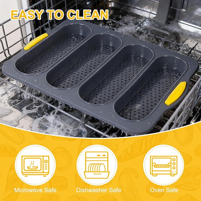 Silicone Bread Loaf Pan, Nonstick Sourdough Loaf Pan & Heat Resistant Baguette Bread Pan, Silicone Molds for Baking Hoagie Rolls, Hot Dog Bun (Grey-Hot Dog)