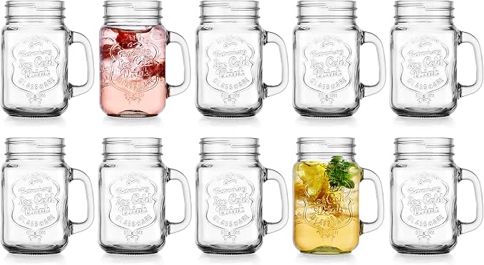 Glaver's Set of 10 Ice Cold 16 Oz. Mason Drinking Glasses With Handles. Quality Refreshing Ice Cold Embossed Logo Jars for Beverages, Cocktails, Shakes, Smoothies, Sodas, Juice. - Image 8