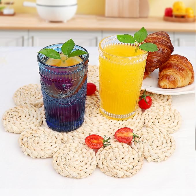 Loivttvv 6pcs Vintage Drinking Glasses Set, 12 oz Blue Highball Glasses, Embossed Ribbed Glassware Cups for Cocktail, Water, Juice, Coffee, Whiskey - Image 6