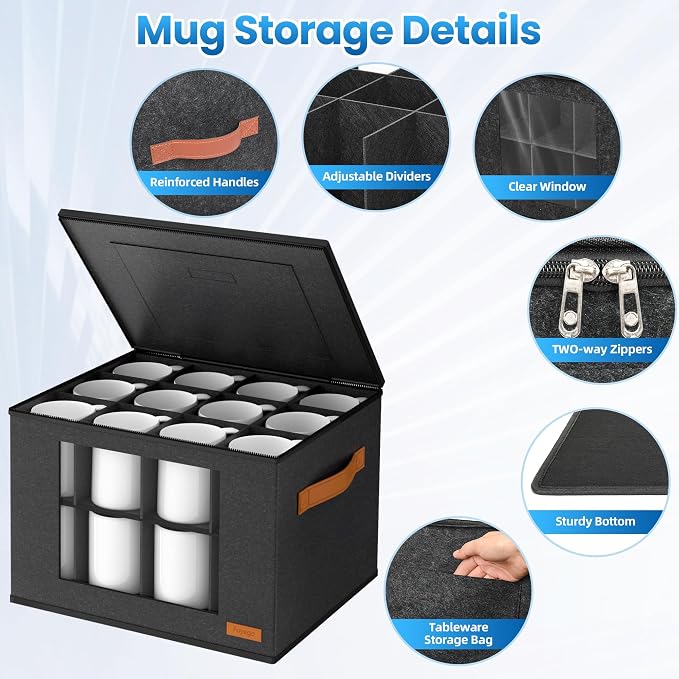 Foyego Cup and Mug Storage Box with 24 Dividers, Dark Gray, 2-Layer | with Lid, Visible Window, Soft Handles, for Packing and Moving, Stackable Storage Containers for Coffee Mug Cups and Glasses - Image 3