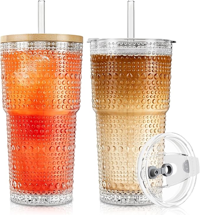 SoulTimes 20oz Hobnail Glass Tumbler with Bamboo Lids and Straws - Iced Coffee Glass Cups for Smoothie, Matcha, Juice, Water etc. Leakproof and Reusable Glassware Drinking for Travel To Go [2 Pcs] by SoulTimes