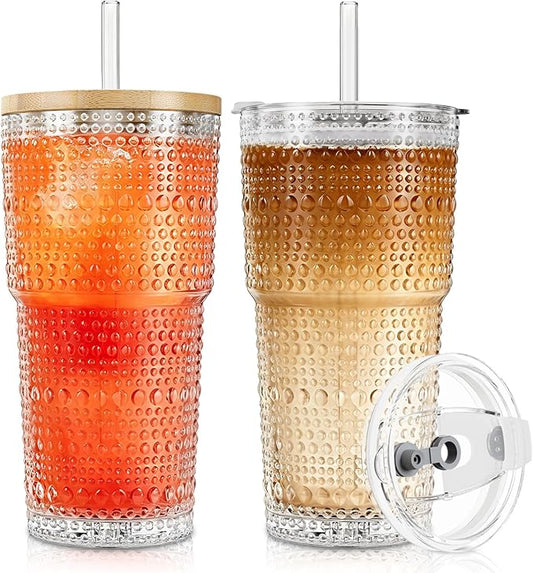 SoulTimes 20oz Hobnail Glass Tumbler with Bamboo Lids and Straws - Iced Coffee Glass Cups for Smoothie, Matcha, Juice, Water etc. Leakproof and Reusable Glassware Drinking for Travel To Go [2 Pcs] by SoulTimes