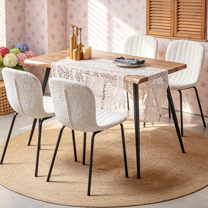 Rectangle Dining Table Set for 4 with White Boucle Chairs | 5-Piece Mid-Century Modern Set, Irregular MDF Table, Wood Grain, Space-Saving for Small Spaces, Dining Rooms, Easy Assembly - Image 3