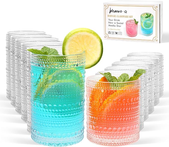 Hobnail Drinking Glasses, Tumbler Glassware, Set of 12 | 10 oz Cocktail Glasses & 12 oz Highball Glasses, Glass Cups for Whiskey, Juice, Home, Bar & Kitchen, Dishwasher Safe by Woaiwo-q