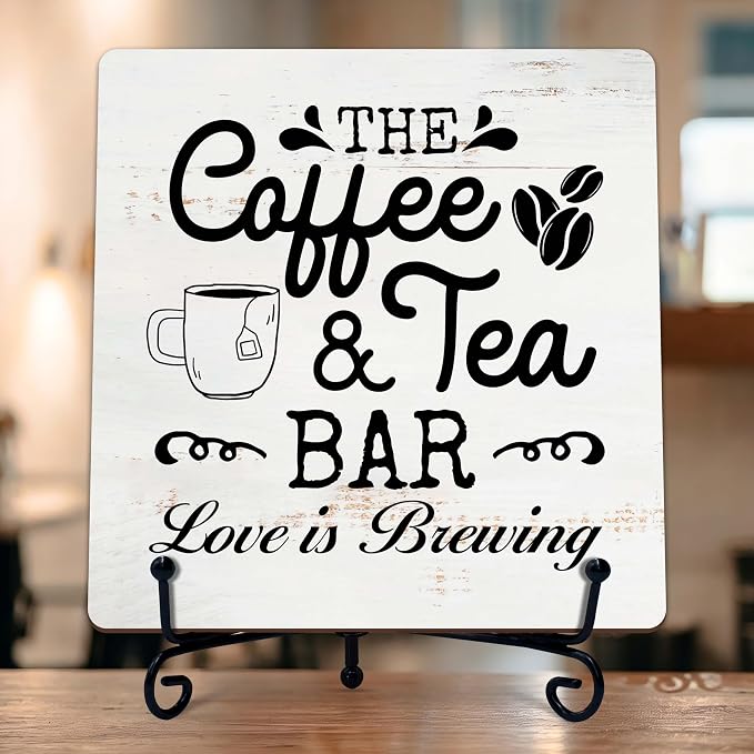 Coffee Bar Sign, Love is Brewing Farmhouse Tabletop Decor, Coffee and Tea Lover Gifts, 5x5 Wood Plaque with Iron Stand for Home Kitchen Cafe, Coffee Bar Decor – L07 by TIRYWT