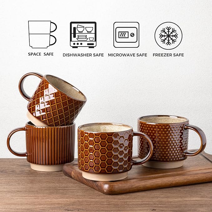 GBhome 6 OZ Stackable Coffee Mugs Set of 4, Ceramic Coffee Cups Set | 4 Assorted Designs, Embossed Mugs with Texture Patterns for Espresso/Tea, Dishwasher&Microwave Safe, Caramel - Image 7