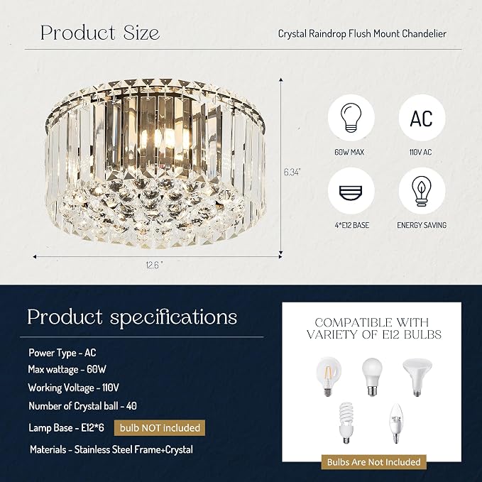 12.6" Black K9 Crystal Raindrop Flush Mount Ceiling Light, Modern Chandelier, Round Luxury Light Fixture for Dining Room, Bedroom, Hallway, Kitchen Island & Living Room - Image 2