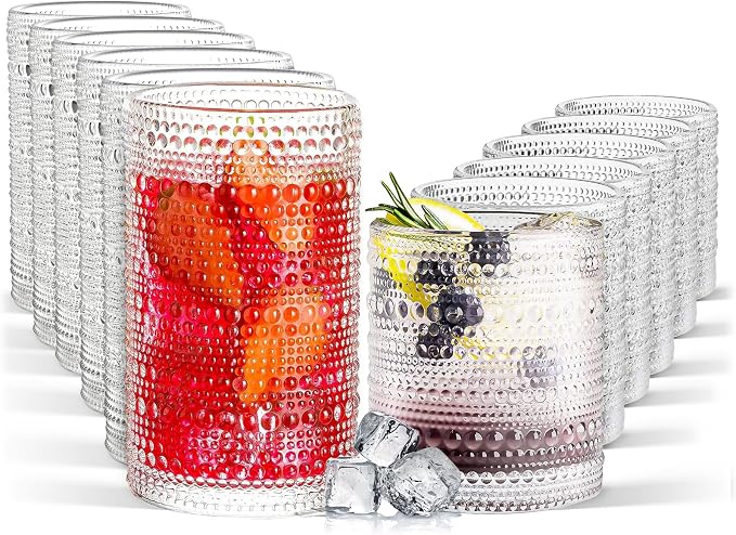 Hobnail Drinking Glasses Set of 12, 11.8 oz Vintage Glasses Drinking Set & 10 oz Cocktail Glasses Set, Embossed Glass Cups for Kitchen, Beer, Juice, Cocktail, Whiskey, Milk by FULGNU