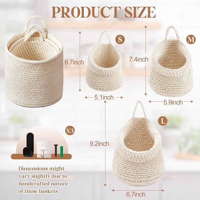 Honeydak Boho Decor Hanging Wall Baskets for Kitchen 3 Pack Teardrop Baskets with Hooks Storage Fruit Onion Vegetable Potato for Home 3 Sizes(White,Barrel,Cotton Rope) - Image 2