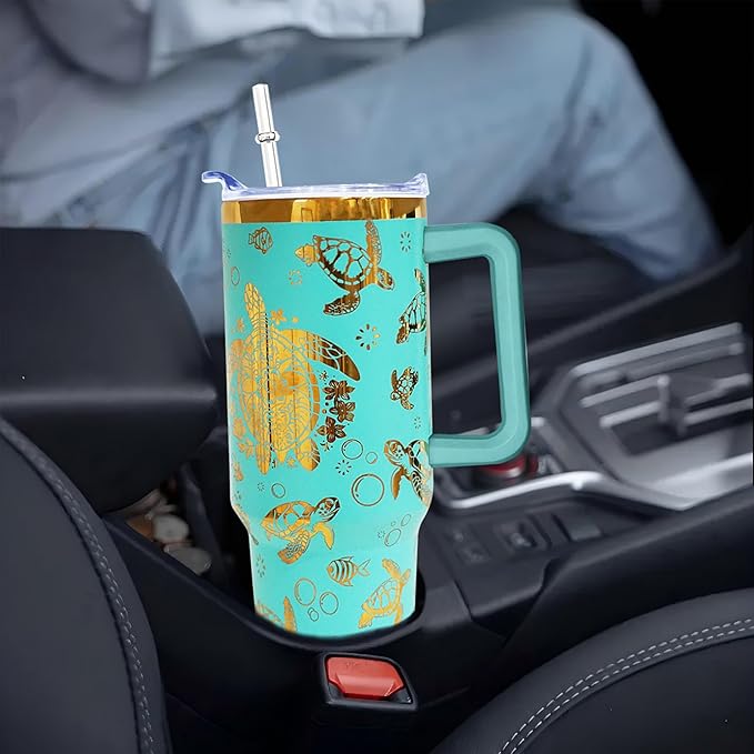 40 oz Sea Turtles Laser Engraving Tumbler With Handle With Lid Straw Double Insulated Travel Coffee Cup Sea Turtles Travel Accessories Must Have Gifts For Women