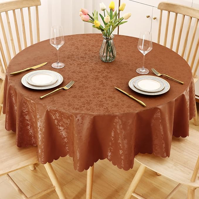 Smiry Round Waterproof Heavy Duty Vinyl Tablecloths, 60 x 60 Inch | Wipeable Washable Floral Embossed Table Cover for Kitchen and Dining Room, Indoor & Outdoor Use, Caramel by Smiry