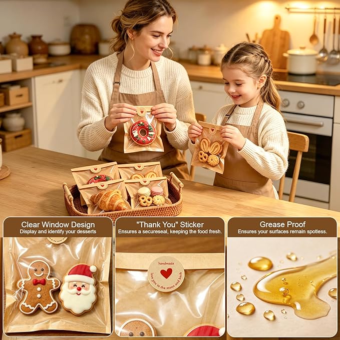 Individual Cookie Packaging Bags with Seal 120 Pack Bakery Bags for Cookies | 5.7x6.5 Inch Kraft Paper Cookie Bags with 120PCS Handmade Sticker Bakery Packaging Bags with Window for Candy Scone Brownie - Image 2
