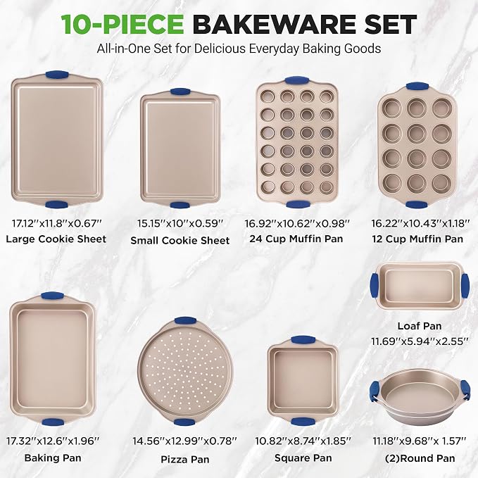 NutriChef Kitchen Oven Baking Pans - Deluxe Nonstick Gold Coating Inside & Outside Carbon Steel Bakeware Set With Blue Silicone Handles, Durable & Reliable Cookie Sheet Oven Pan Style - Image 4