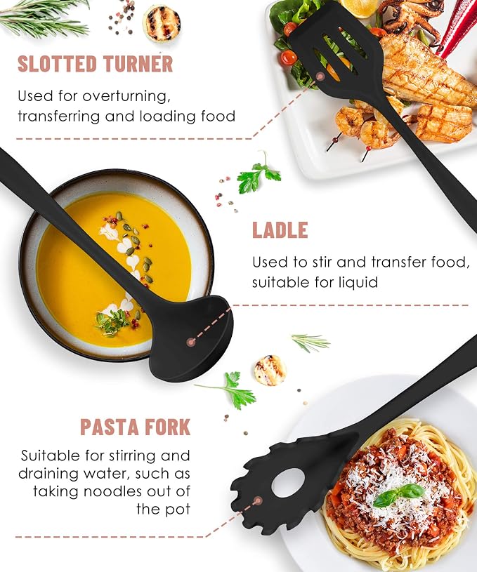 Black Kitchen Utensils Set-12 Pieces Silicone Cooking Utensils Set | Dishwasher Safe 392°F Heat Resistant Spatula Set Kitchen Utensil Set for Nonstick Cookware,Best Kitchen Tools with Holder - Image 4