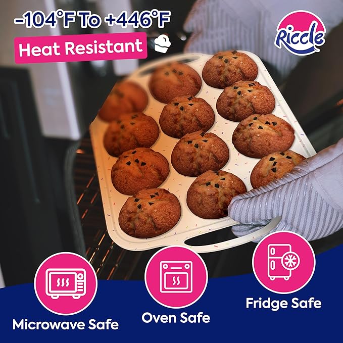 RICCLE 2 Pack Silicone Muffin Pan with Metal Reinforced Frame, 12-Cup Cupcake Pan, Silicone Muffin Tray Cupcake Baking Pan Molds, Molds for baking, Oven & Dishwasher Safe, BPA-Free