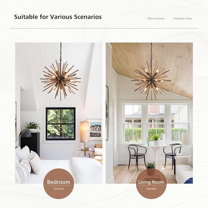 23.6" Farmhouse Sputnik Chandelier for Dining Room Rustic Handmade Natural Wood 12-Light Hanging Ceiling Pendant Light Fixture Starburst Wood Chandeliers for Kitchen Bedroom Foyer Hallway - Image 6