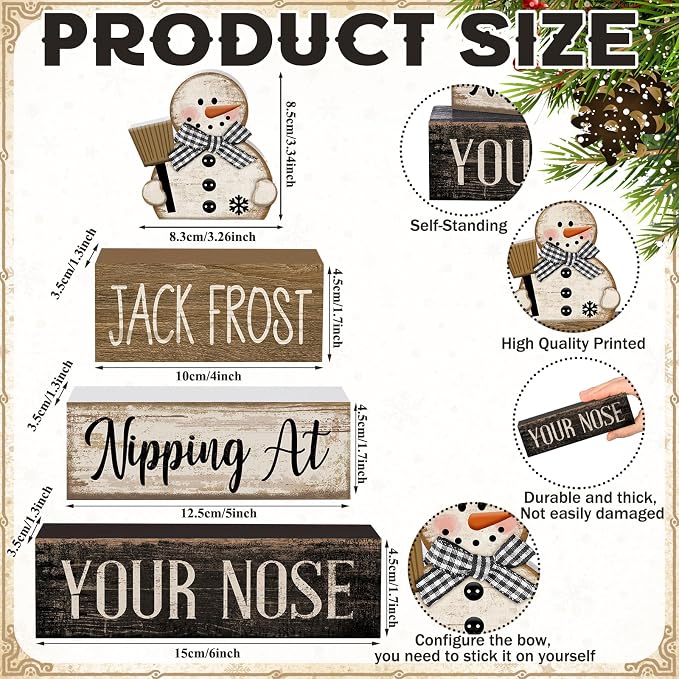 Moucuny 4 Pcs Christmas Table Decor Wooden Snowman Black and White Winter Tiered Tray Decor Rustic Decorative Snowman Block Sign Gifts Christmas Centerpiece Rustic Winter Decorations for Home Kitchen - Image 4