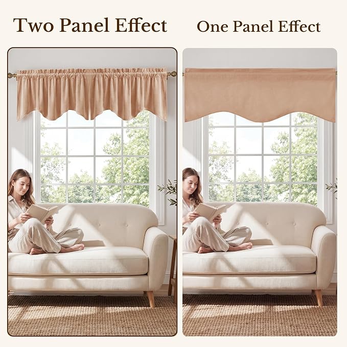 Blush Beige Velvet Window Valance 52x18 Inch 1 Panel | Soft Wavy Scalloped Window Treatment for Kitchen Small Windows, Elegant Half Window Drape for Bathroom, Cabinet - Image 7