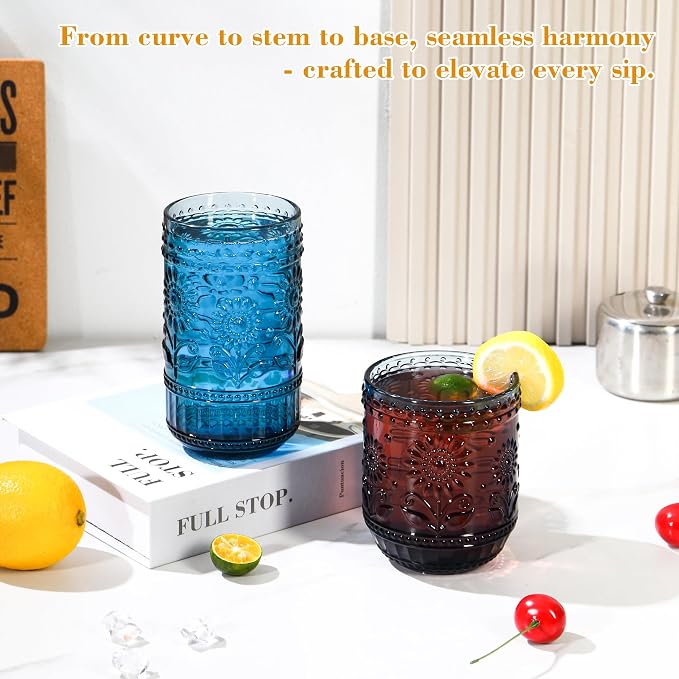 Blue Drinking Glasses Set of 12, 16 Oz Highball & 13 Oz Cocktail Glasses, Blue Kitchen Vintage Glassware Set, Floral Embossed Glass Tumbler Cups for Juice, Beer, Water, Whiskey, Coffee - Image 5