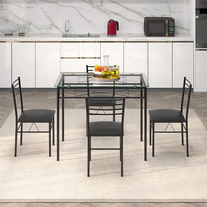 Giantex 5 Piece Dining Table Set, Kitchen Dining Set with Tempered Glass Table Top and 4 Upholstered Chairs, Dinette Set for 4 for Breakfast Nook Dining Room Kitchen (Black) - Image 3