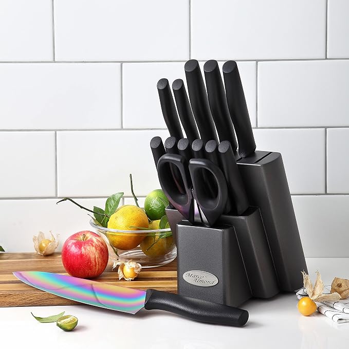 Marco Almond Knife Set w Block 14PC Rainbow Kitchen Knives Set | Stainless Steel,Razor Sharp,Anti-Rust,Restaurant Grade,Ergonomic Black Handle,Full Tang,Restaurant Grade,Gift Box - Image 7