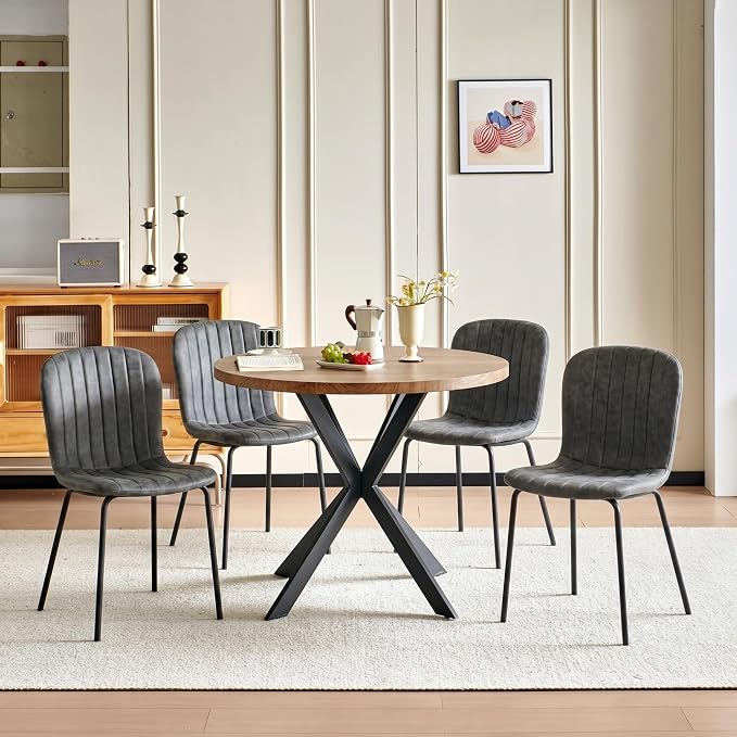 37 Inch Round Dining Table Set for 4, Modern Small Circle Kitchen Coffee Set for Apartment Living Room Office, Save Space(1 Imitation Wood Table + 4 Grey PU Leather Chairs) - Image 8