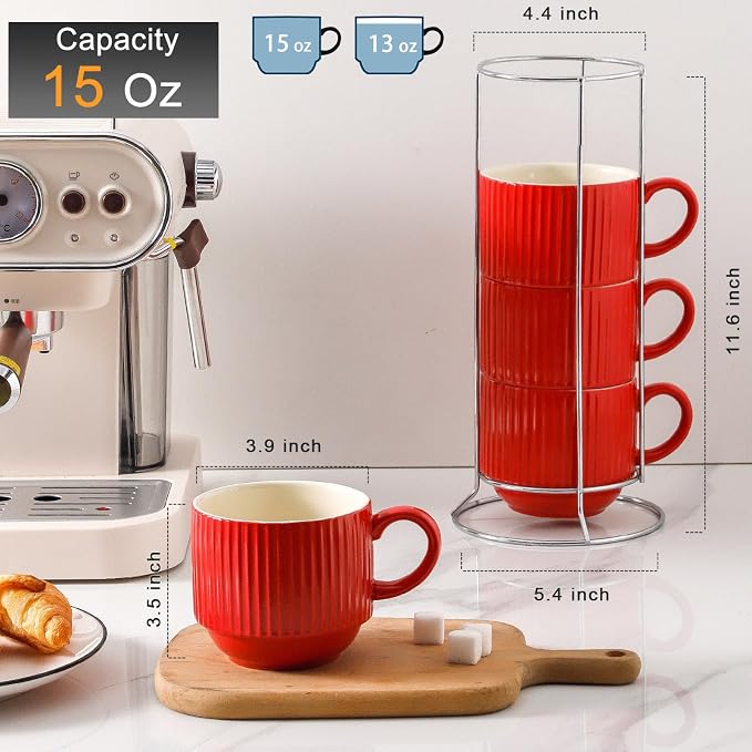 HASENSE Red Coffee Mugs, 15 oz Stackable Coffee Cups Set of 4 with Rack - Ceramic Large Ribbed Modern Latte Cup Set for Cappuccino, Tea, Hot Cocoa, Drinks - Dishwasher & Microwave Safe - Image 3