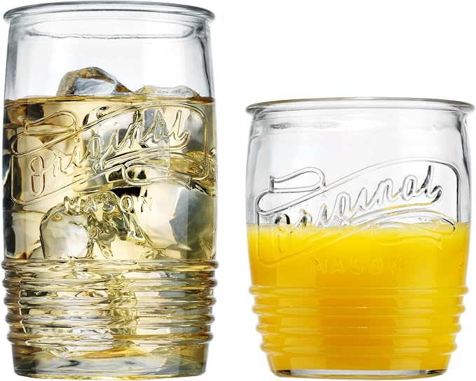 Glaver's Original Mason Set of 8 Drinking Glasses 4-20 Oz Highball Glasses, and 4-13 Oz Whiskey Glass Cups For Everyday Home Use Water, Beer, Juice, Cocktail. by Glavers