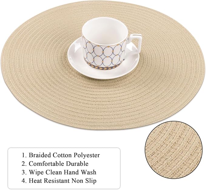 SHACOS 15 inch Round Braided Placemats Set of 4 Cotton Polyester Place Mats Washable Kitchen Dining Table Mats for Dinner Party Table Decor (Light Beige, 4) - Image 3