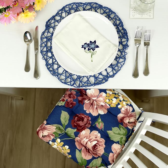 Barnett Home Decor Dining Chair Pads with Ties - Bethanne Blue Floral Size Medium 16.5 x 18 - Latex Foam Filled Windsor Chair Cushions - Machine Washable - Image 2