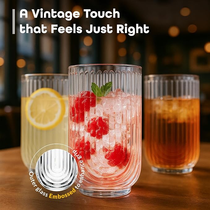 Glaver's Drinking Glasses Set of 8. 17oz Vintage Drinking Cups. Ripple Cocktail Glasses, Ribbed Drinking Highball Glass Cups. Arch Designed Art Deco Glassware for Water Juice Coffee. Package may Vary - Image 5