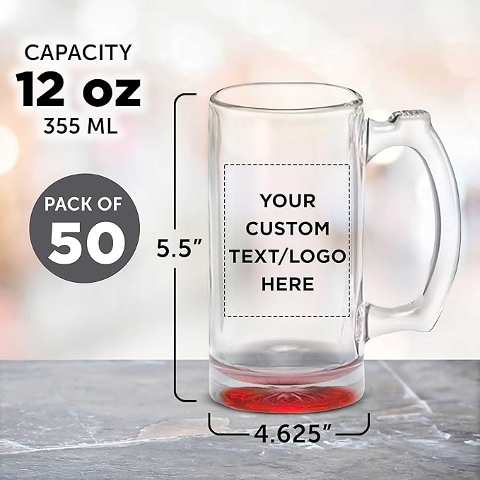 50 Libbey Beer Mugs Set, 12 oz. - Customizable Text, Logo - Groomsmen Glassware - Red