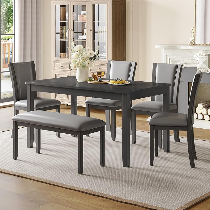 6-Piece Dining Table Set with Bench and Chairs - Solid Wood Kitchen Dining Room Table Set in Farmhouse Rustic Style, Table Set for 6 with 4 Chairs and Bench Seat.(Dark Gray_Large) by Augabam