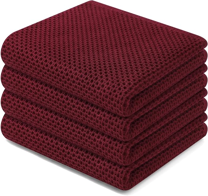 Homaxy 100% Cotton Waffle Weave Kitchen Dish Towels 4-Pack, Burgundy | 13 x 28 Inches, Ultra Soft Absorbent Dish Towels, Quick Drying Cleaning Towels by Homaxy
